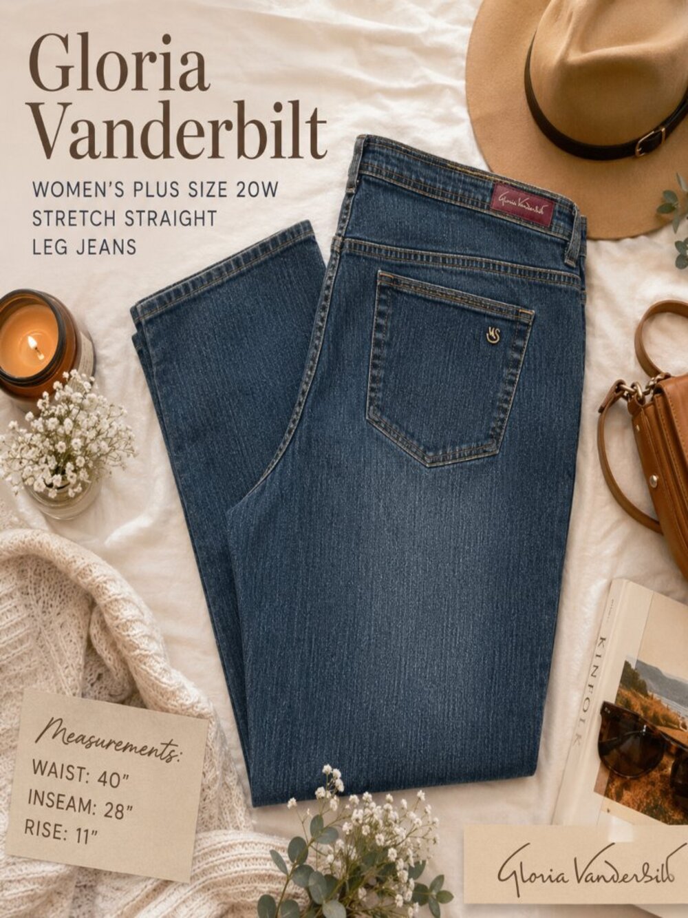 Gloria Vanderbilt Women’s Plus Size 20W Blue Stretch Jeans Straight Leg 40x28